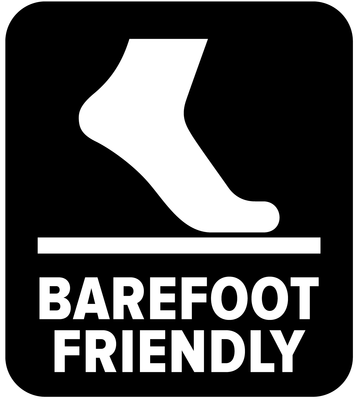 Logo. Darstellung eines stilisierten nackten Fußes von der Seite (Barfuß) der kurz vorm auftreten ist mit dem Schriftzug barefoot friendly darunter
